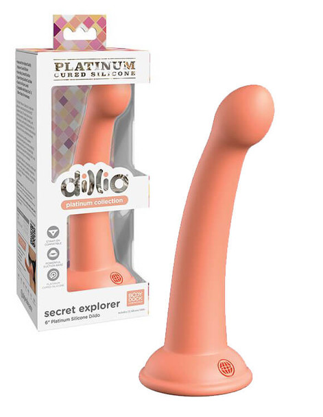 Product image of the Dillio Platinum 6" Secret Explorer Slim Dildo in a soft peach color, shown alongside its retail packaging to highlight size, shape, and finish.