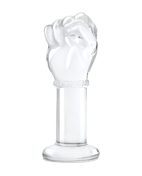 Clear glass butt plug with a sculpted fist-shaped head, shown against a neutral background. The toy features a smooth, transparent finish with a wide circular base for stability.