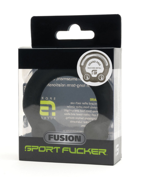 Package containing the port Fucker Grand Prix Fusion Ring  with steel core and silicone exterior