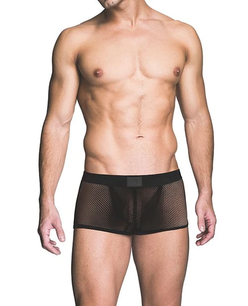 Front view of black fishnet men’s trunk with sheer mesh fabric, contoured pouch, and elastic waistband