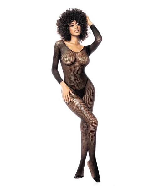 Front view of black long sleeve fishnet bodystocking with scoop neckline, full-length mesh design, and sheer open weave