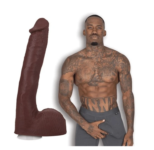 Pressure ULTRASKYN 10-inch Vac-U-Lock cock by Doc Johnson with realistic skin-tone finish, long tapered shaft, detailed veining, and branded performer packaging.