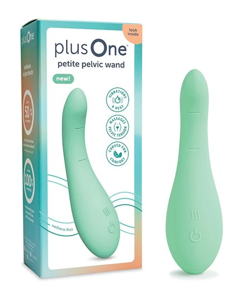PlusOne Petite Pelvic Wand shown beside its retail packaging. The box displays the mint green wand, PlusOne branding, “petite pelvic wand” product name, and visible feature icons for heat, vibration, and curved comfort.