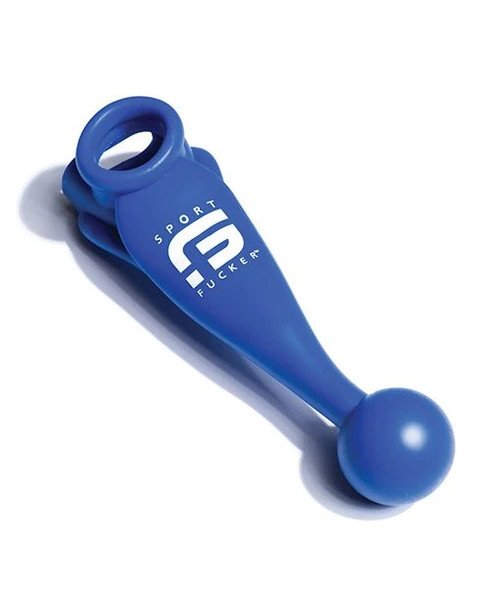 Sport Fucker MEAT Asslock Harness shown in blue silicone with integrated cockring-style harness design and large rounded anal ball attachment against a clean white background.
