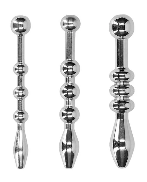 OUCH Urethral Sounding Metal Plug Set displayed with all three polished stainless steel sounds arranged side-by-side against a light background, showing the graduated sizing and textured bead designs.