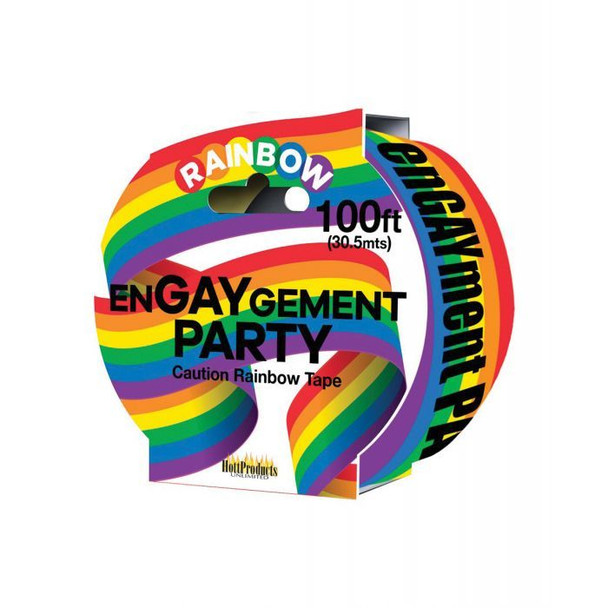 Product image of the EnGAYgement Rainbow Style Caution Tape roll showing a rainbow-striped roll of party tape with "EnGAYgement Party" printed across the front, "100 ft (30.5 mts)" text near the top, repeating "Engayment Party" text along the visible tape strip, and the Hott Products logo at the bottom.