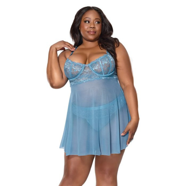 Bluebell Lace Babydoll & High-Waist Thong – Queen Front View — Plus-size baby blue babydoll featuring sheer mesh construction, floral lace underwire balconette cups, adjustable shoulder straps, and a matching high-waisted thong visible beneath the skirt.