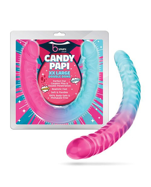 Candy Papi 18" XX Large Double Dong featuring a flexible double-ended design with realistic texture and a pink, purple, and blue candy-colored gradient finish.