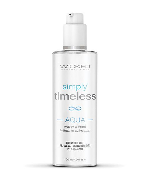 Simply Timeless Aqua Water-Based Lubricant 4 oz bottle from Wicked Sensual Care. A silky water-based formula designed for comfort, hydration, and long-lasting glide.