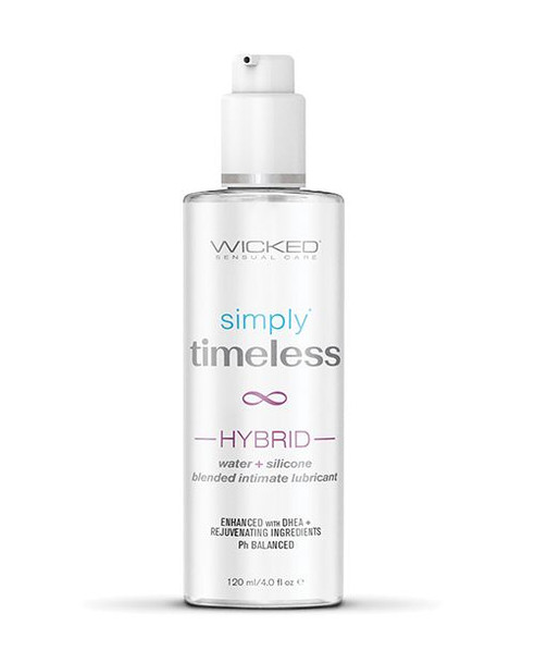 Simply Timeless Hybrid + DHEA Lubricant by Wicked Sensual Care. A 4 oz hybrid water and silicone lubricant formulated with DHEA, hyaluronic acid, squalane, olive leaf extract, and vitamin E for comfort, hydration, and long-lasting glide.