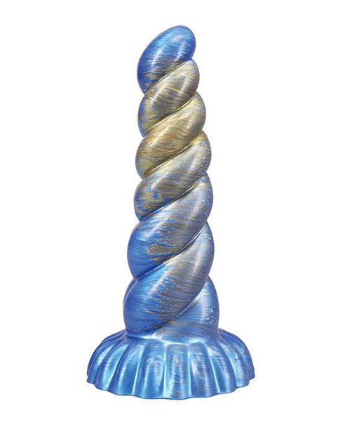 Vac-U-Lock Fantasy Fuckers Outer Rim dildo in marbled blue and gold silicone featuring oversized spiral ridges, a rounded tip, textured shaft, and wide suction cup base.