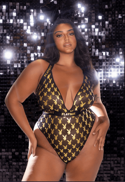 Playboy Bunny Gold Print Halter Teddy - Queen