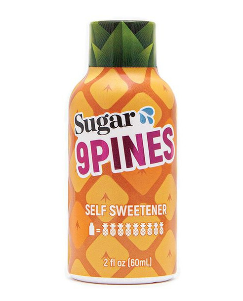 Sugar Splash 9Pines Self Sweetener 2 oz pineapple shot bottle featuring bright yellow packaging, pineapple graphics, and "9Pines" branding. Concentrated fruit-based formula designed to help you taste sweeter during oral play.
