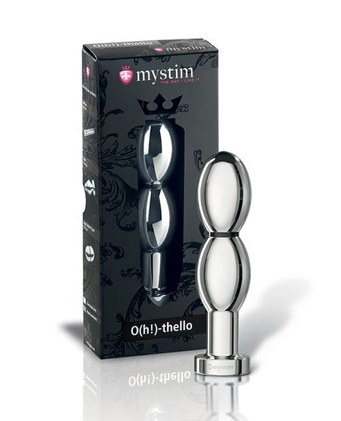 Mystim Oh-Thello polished aluminum bipolar e-stim dildo with sculpted double-oval design