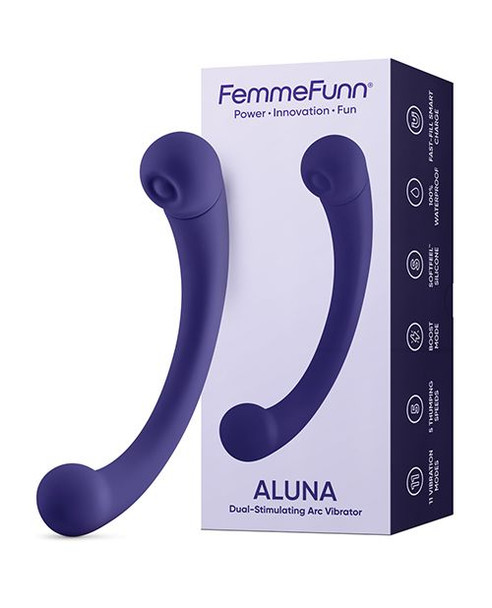 Femme Funn Aluna dual-ended G-spot vibrator in deep purple with curved ergonomic design.