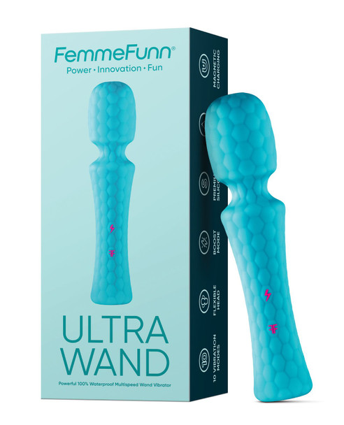 Turquoise Femme Funn Ultra Wand rechargeable wand vibrator with quilted silicone body.