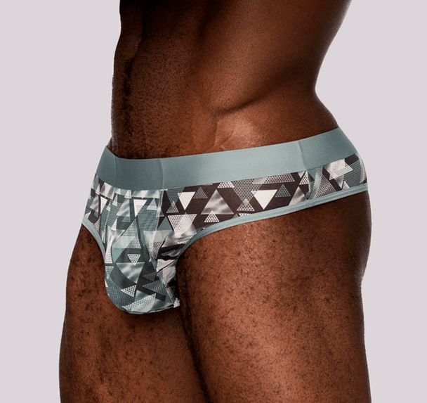 Male Power Sheer Optical Print Thong front view with geometric mesh print