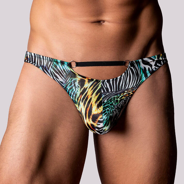 Male Power Go Wild Cut-Out Thong front view with animal print and cut-out waistband