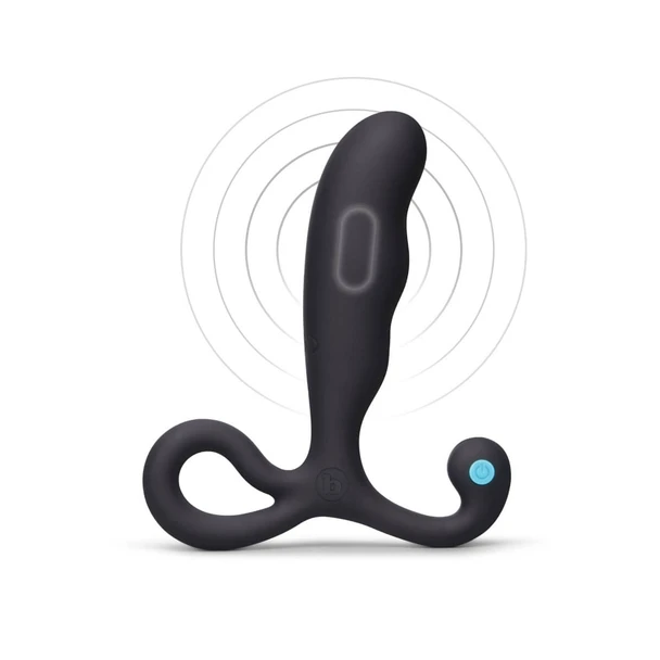 b-Vibe P-Spot Vibing Silicone Prostate Massager showing curved black silicone head, perineum arm and retrieval loop