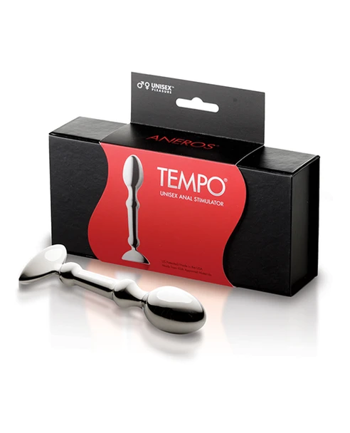 Tempo Stainless Steel Anal Stimulator displayed next to an elegant gift box for safe storage