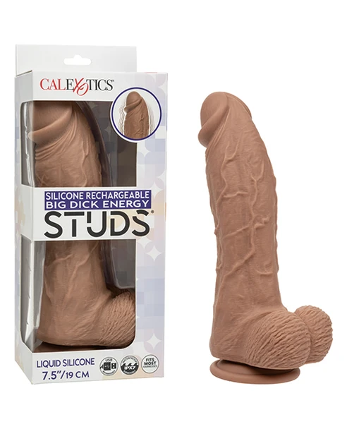 Big Dick Energy 9.25-inch Vibrating Dildo with realistic veined shaft, balls, and suction cup base shown in packaging
