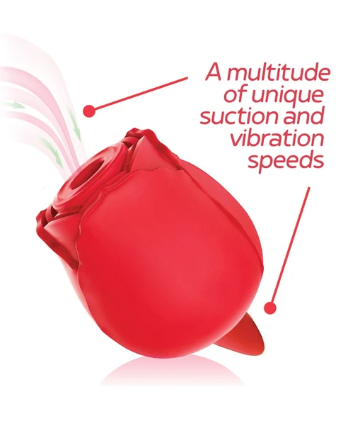 Wild Rose Sucking & Licking Toy in lipstick-red silicone, showing its dual-ended suction and tongue design.