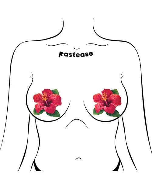 Red Hibiscus Nipple Pasties worn as tropical flower nipple covers