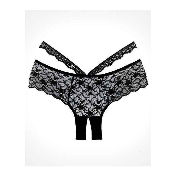 Black strappy lace crotchless panties