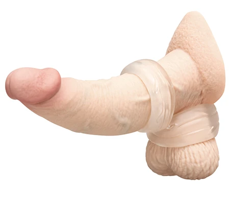 showing how the b-Vibe Double Barrel cock ring supports the shaft and balls