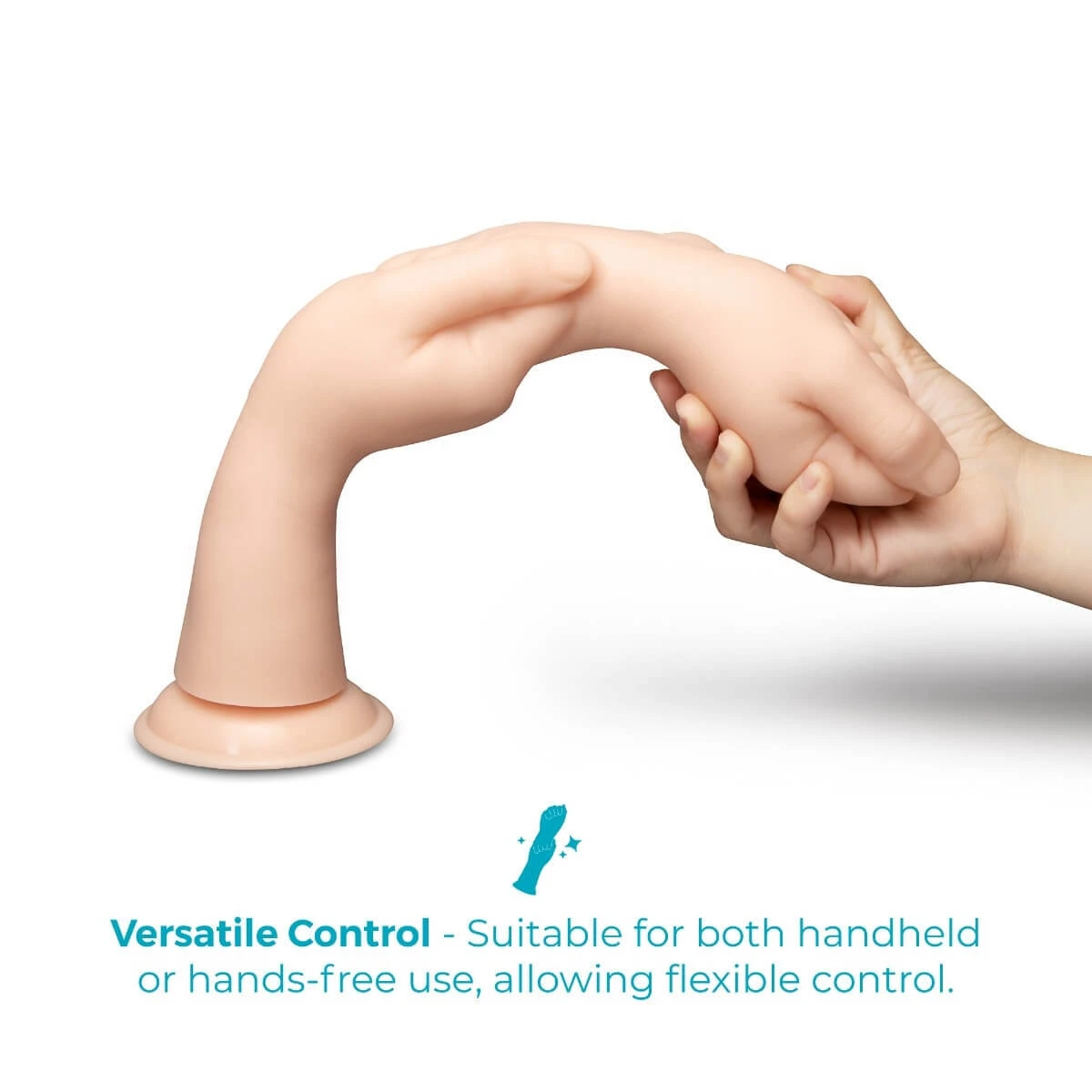b-Vibe Fists 14.5 Inch Realistic XXL Dildo held in hand showing its flexibility
