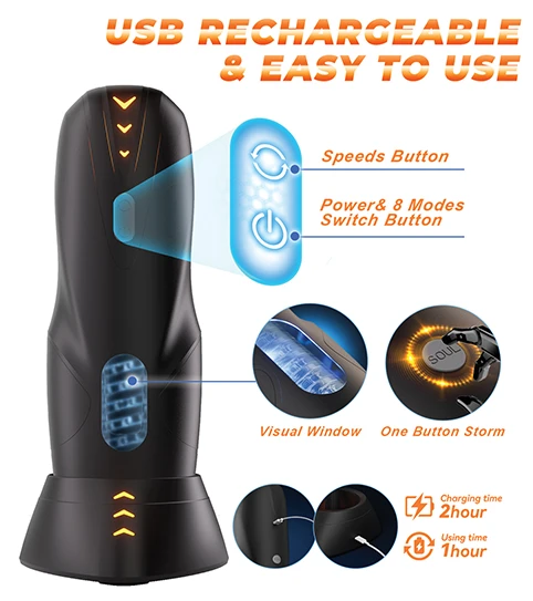 GalaxyVoy automatic thrusting and rotating masturbator showing USB rechargeable design