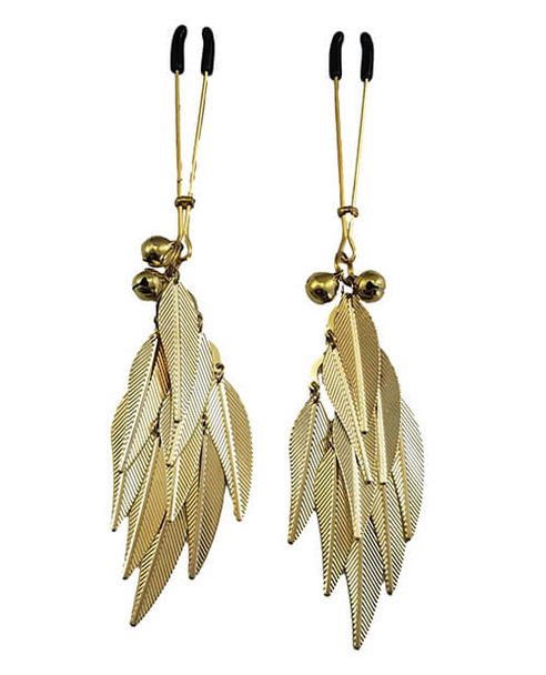 Two gold metal feather nipple clamps