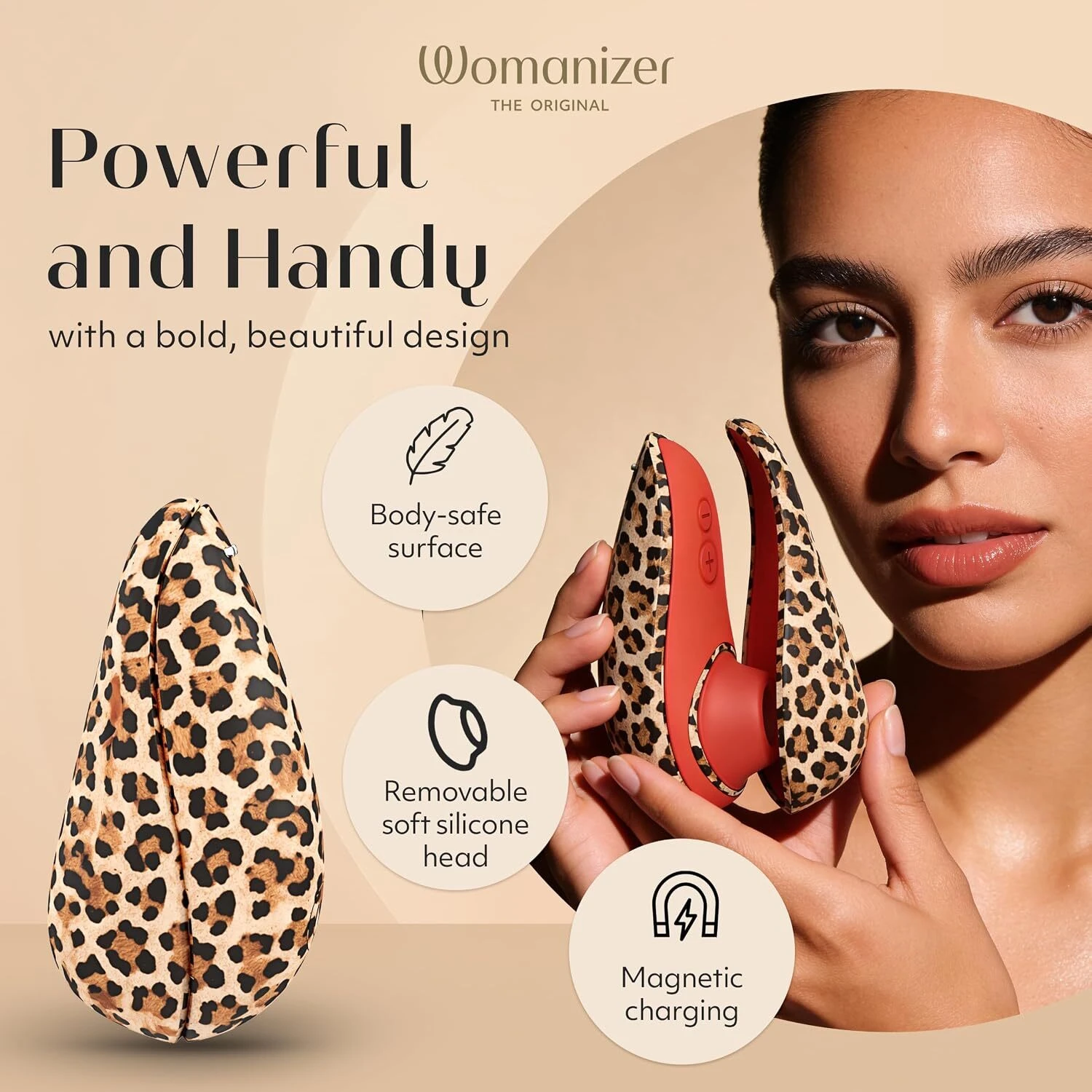 Womanizer Liberty 2 Leopard clitoral stimulator showing Pleasure Air technology and travel-friendly features