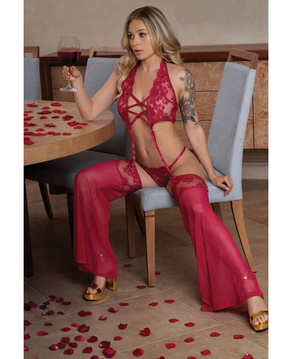 cherry lace pplunge top with chaps