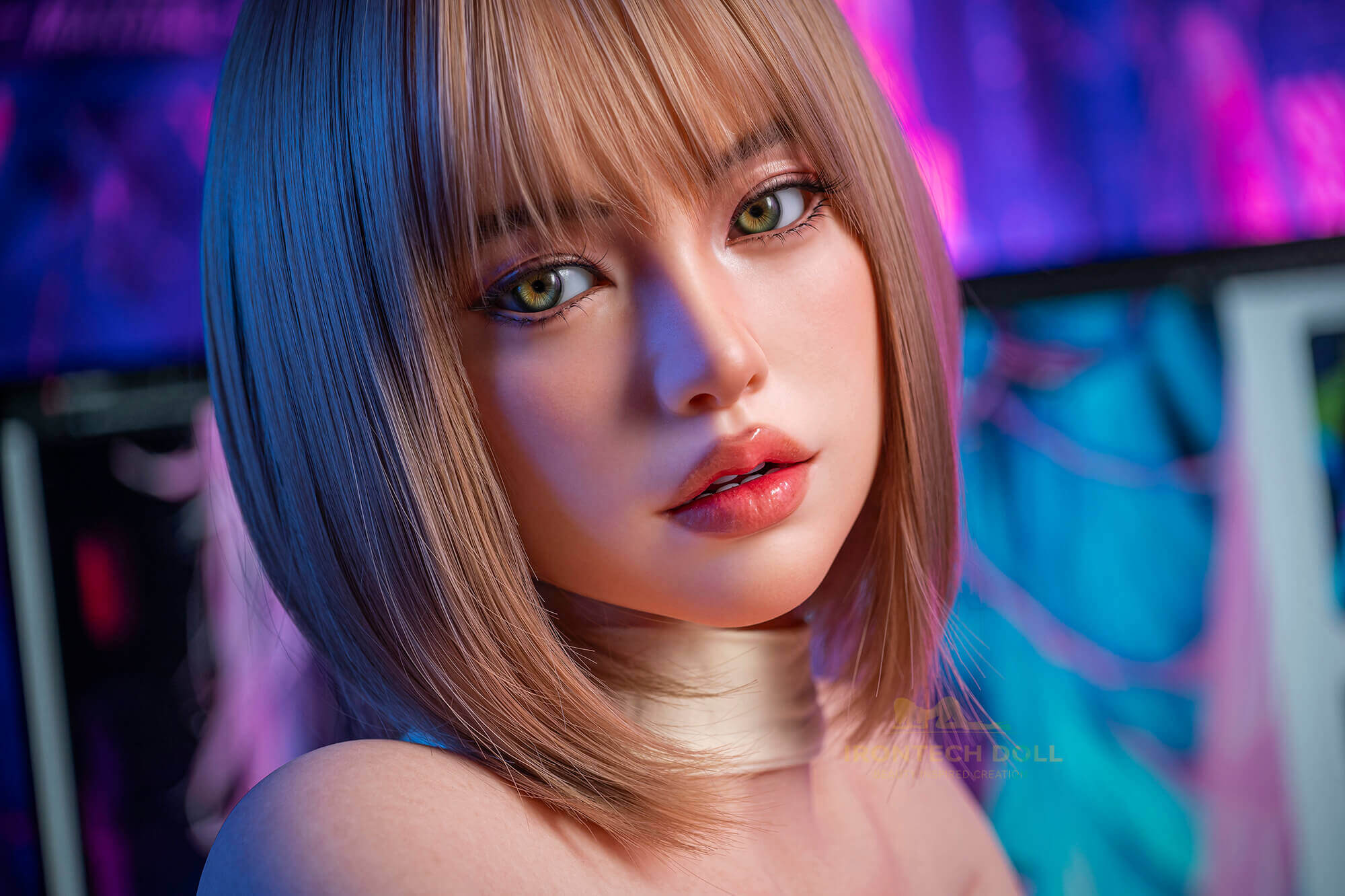 Closeup of neon nights Akira silicone sex doll pretty face