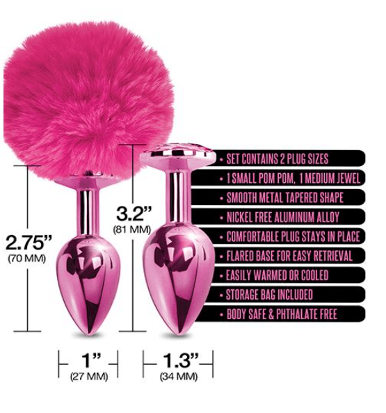 Pink metal butt plug set with fur pom
