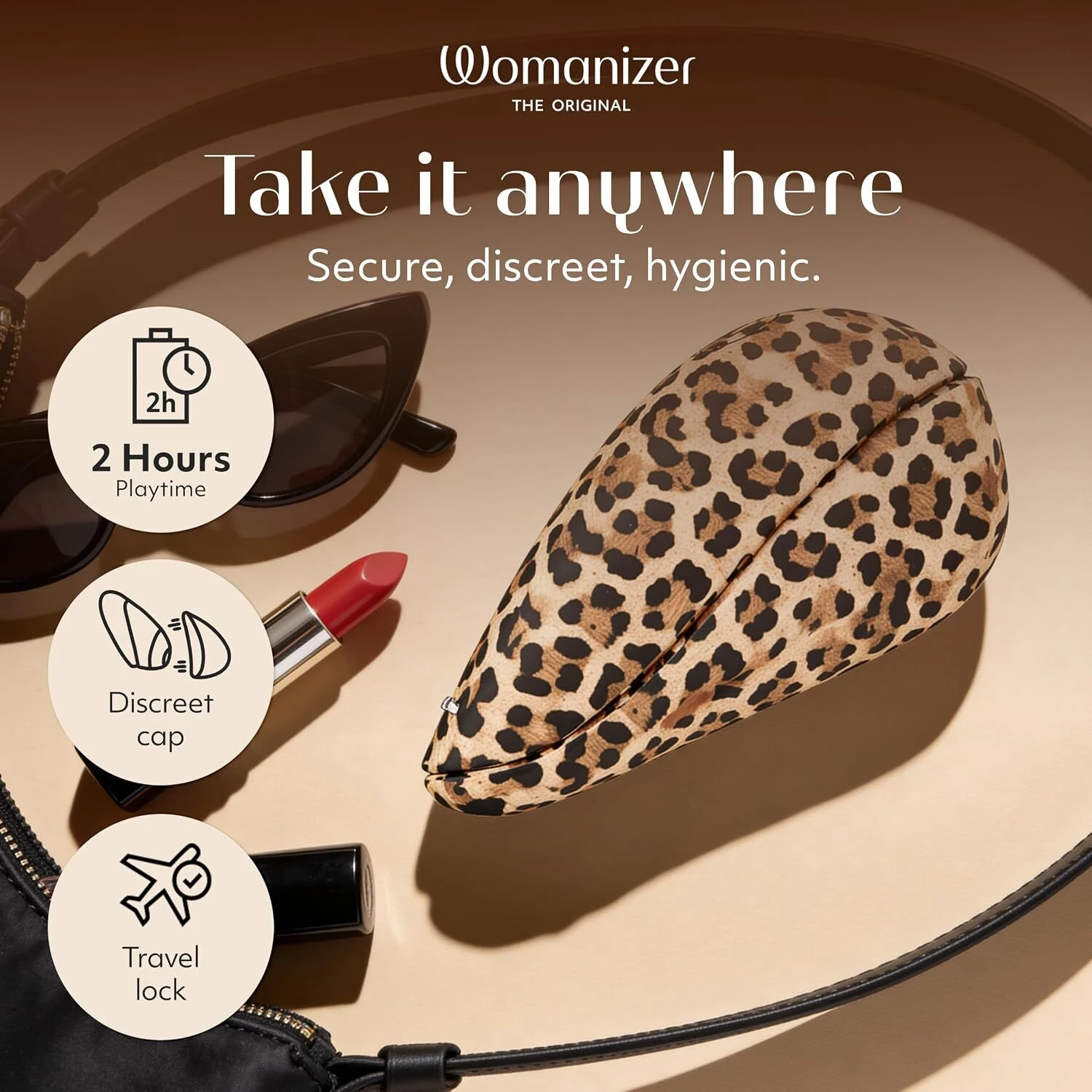 Womanizer Liberty 2 Leopard portable clitoral stimulator with protective travel cover