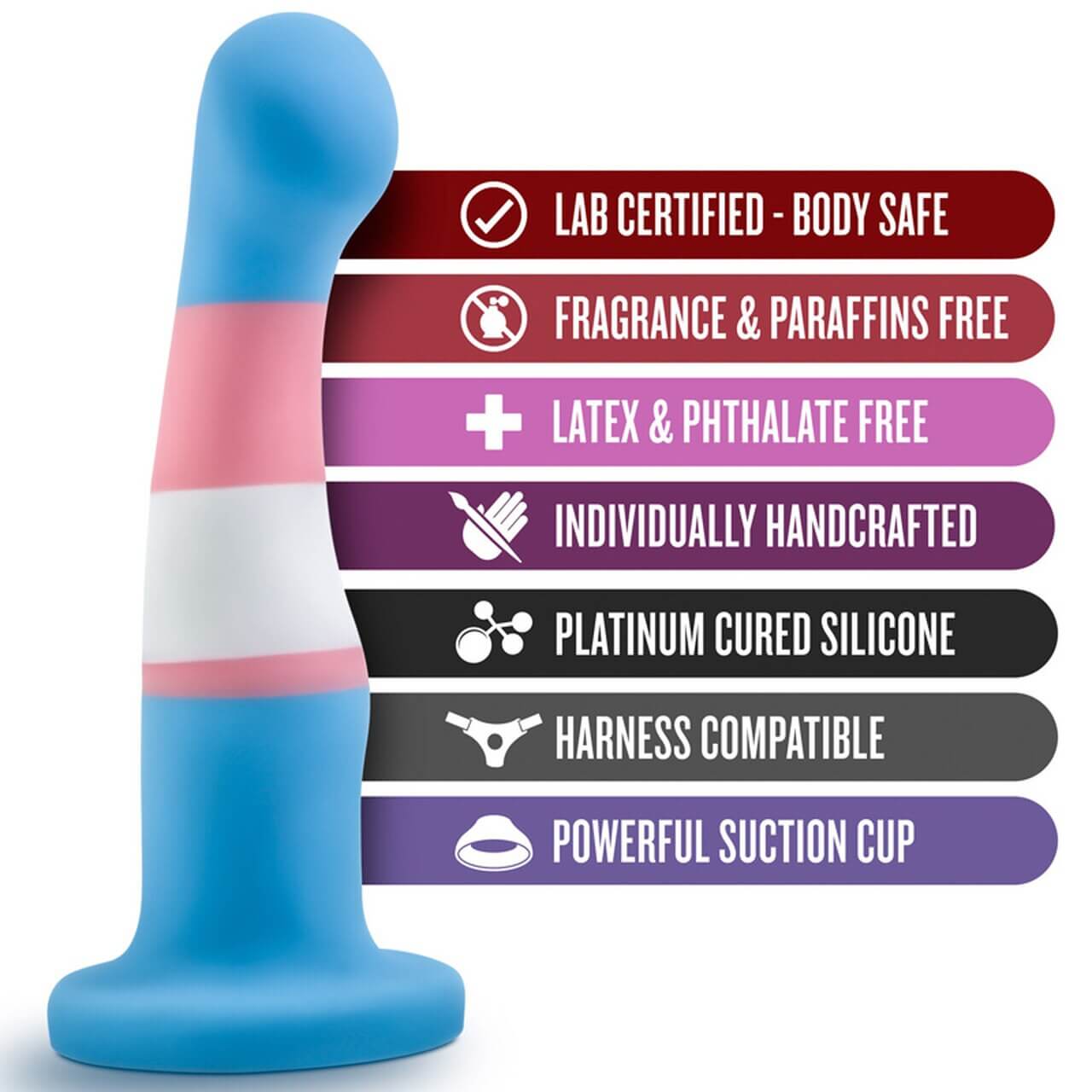 Modern, stylish, and beautiful - meet our Blush Avant Pride 2 Dildo - Trans Pride Flag