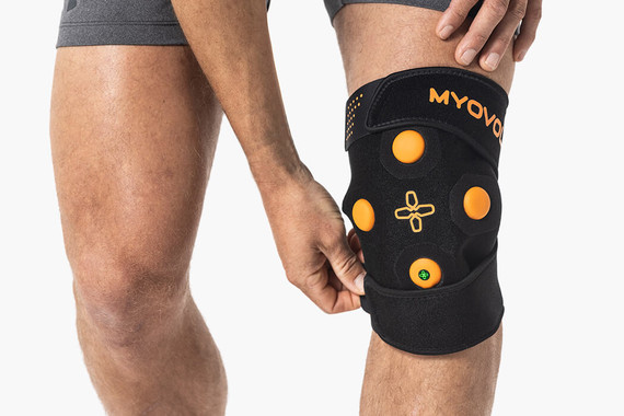 Myovolt vibration therapy knee brace for fast relief of muscle pain and stiffness from sports overuse and repetitive exercise. Rejuvenate tired knees, relieve runner's knee and jumper's knee.