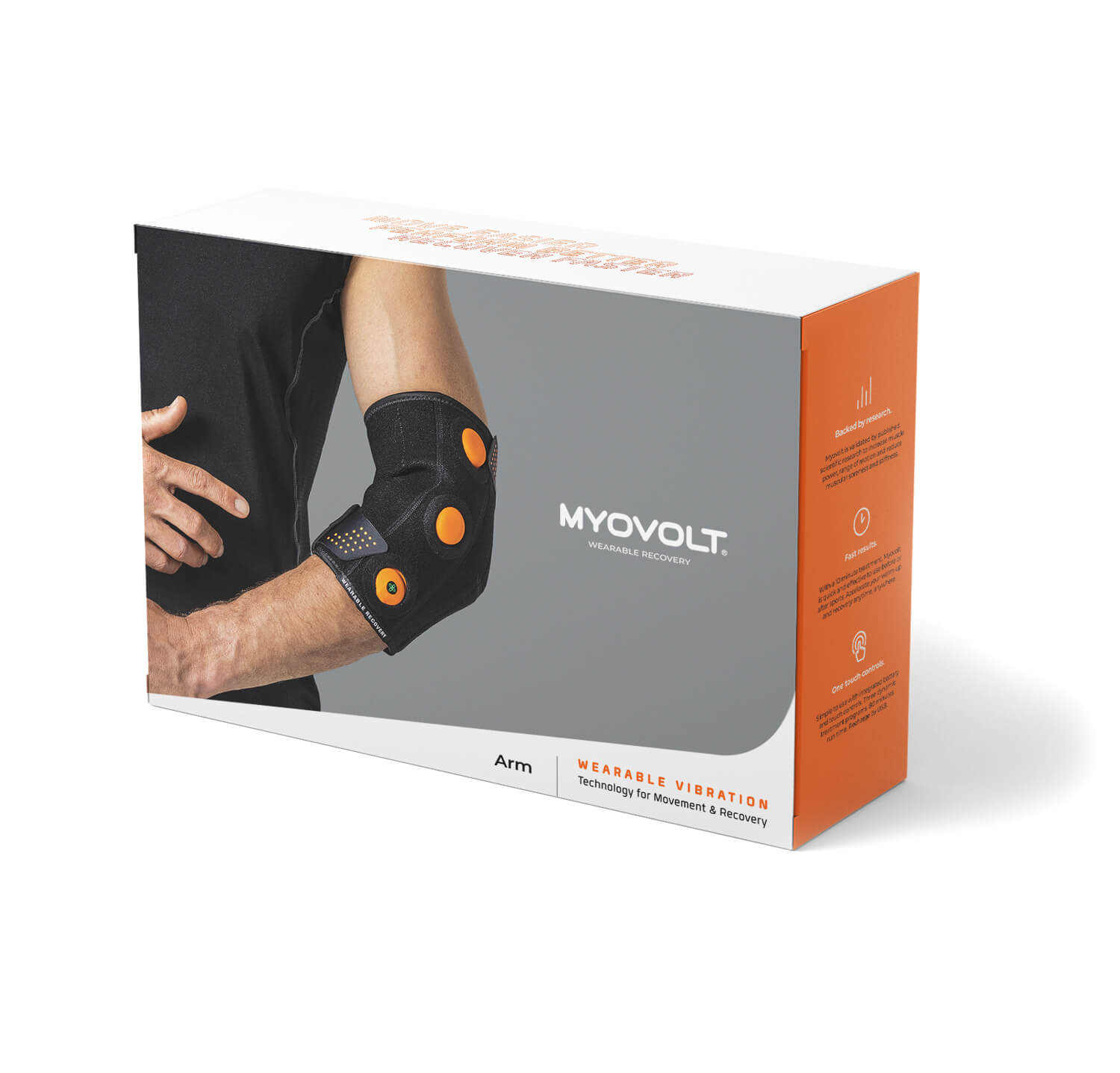 A stack of two Myovolt Arm wearable vibration device product boxes.