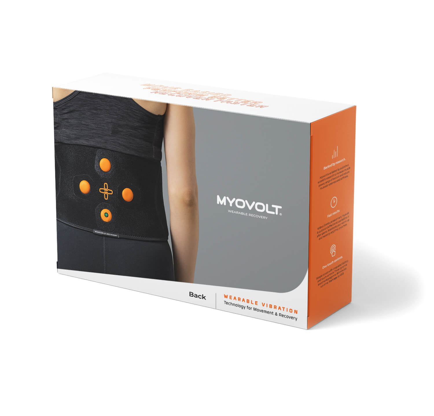 A stack of two Myovolt Back wearable vibration device product boxes.