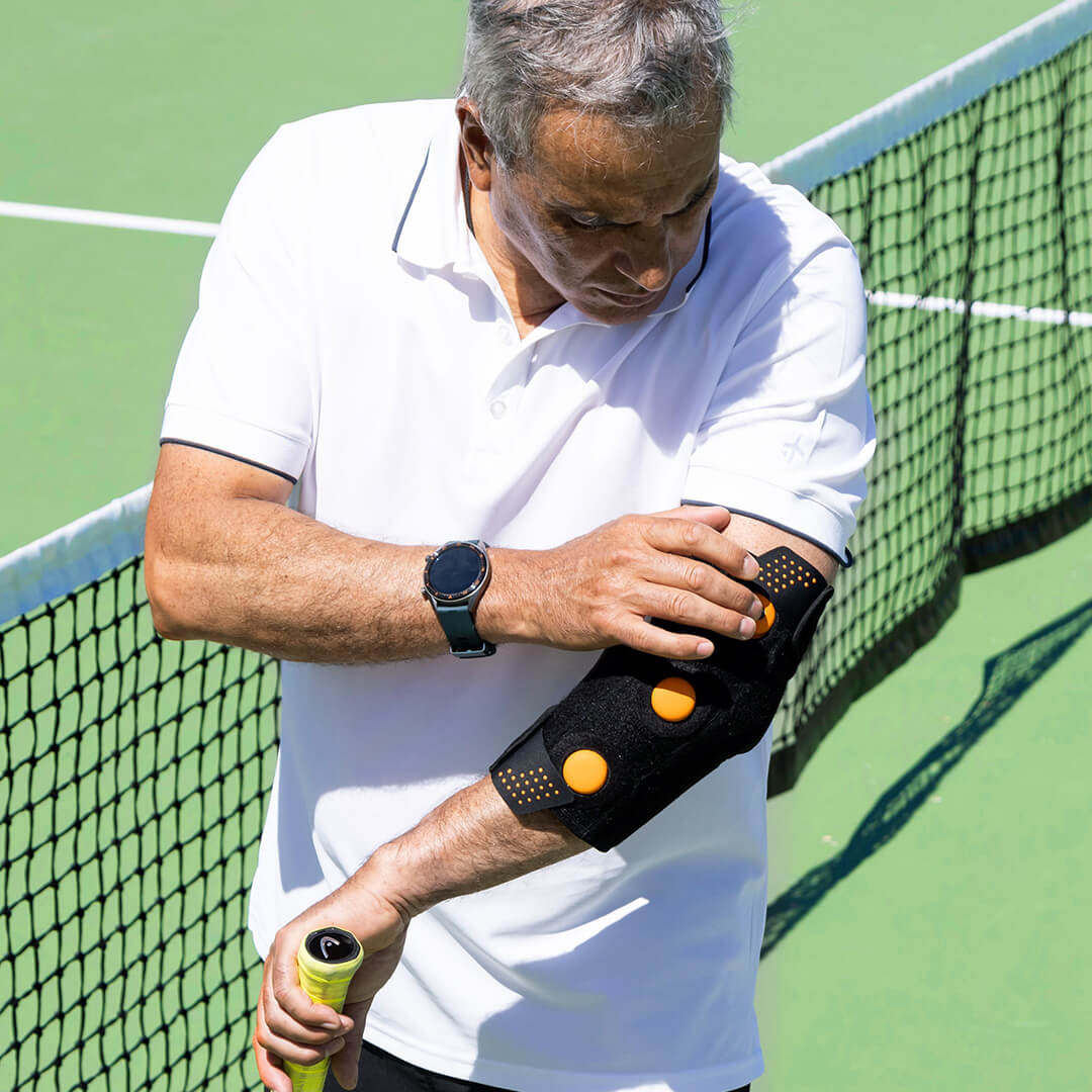 Myovolt vibration therapy tennis elbow brace to treat overuse elbow injuries from sport and exercise.