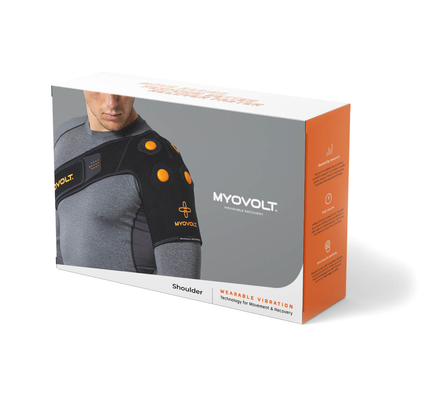 A stack of two Myovolt shoulder wearable vibration device product boxes.