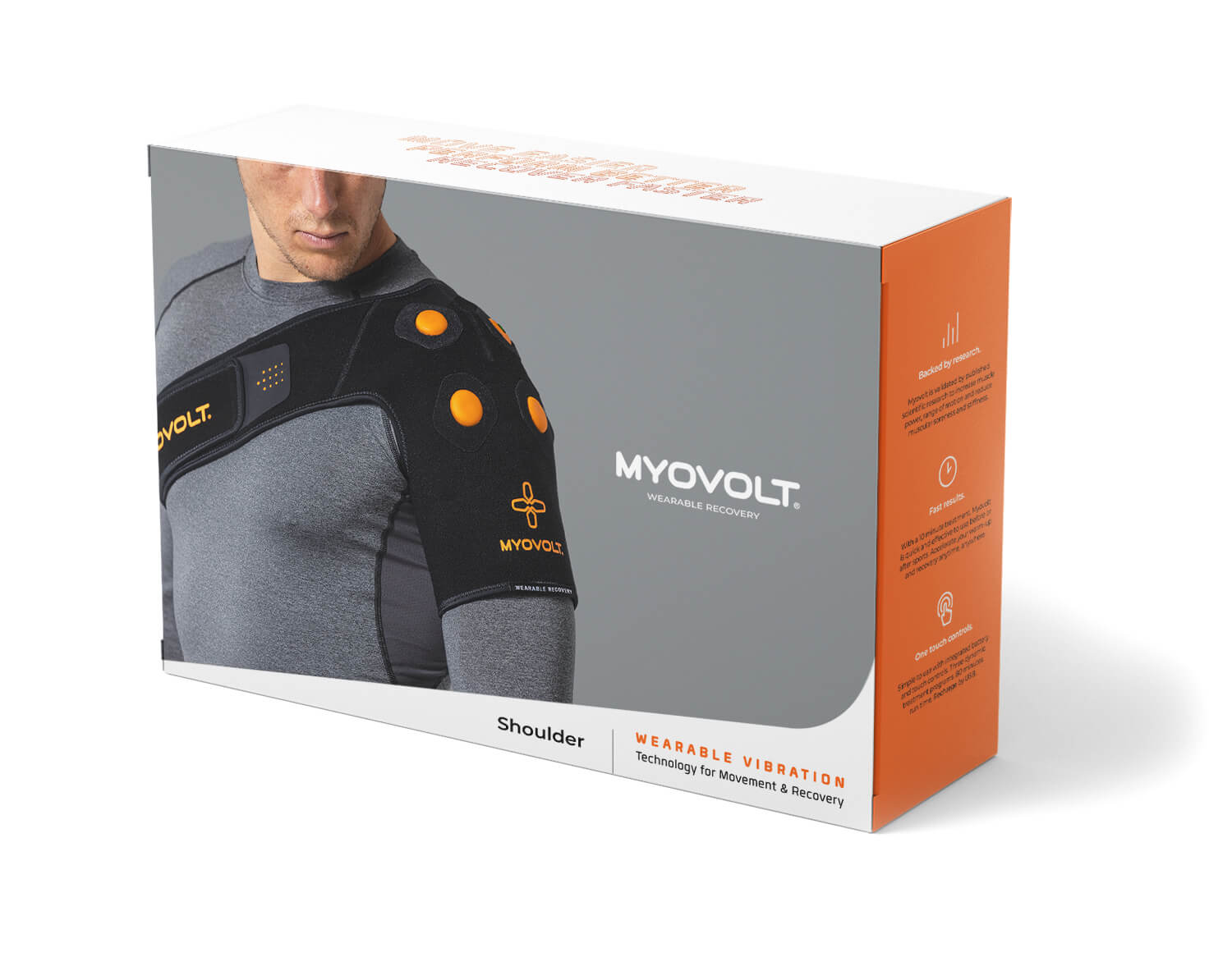 A stack of two Myovolt shoulder wearable vibration device product boxes.