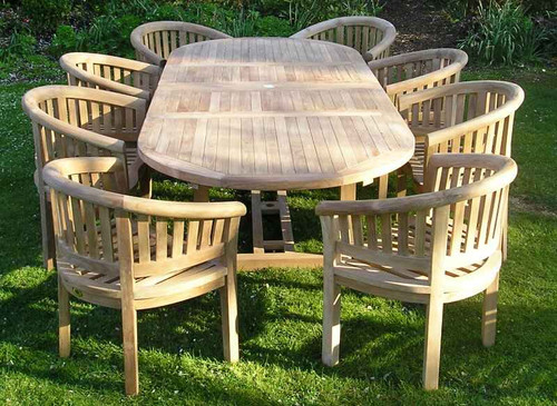 Oval Teak Table Set Extending Double Leaf with Banana Arm Chairs Chairs and Tables Chairs and Tables UK - Teak Garden Furniture New physical Oval Extending Teak Double Leaf Table and Chairs Oval Teak Table Set Extending Double Leaf with Banana Arm Chairs