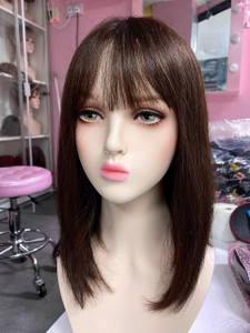 Premium human hair shoulder length brown wig 