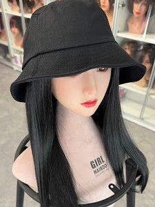 Natural everyday look hat with black hair attached Natural everyday look hat with black hair attached