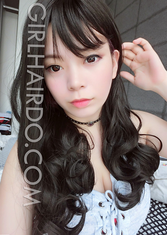 #8848 non shiny long curly black wig with bangs