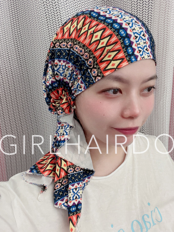 Dark Blue & Orange Pattern Pre-Tied Chemo Scarf Dark Blue & Orange Pattern Pre-Tied Chemo Scarf