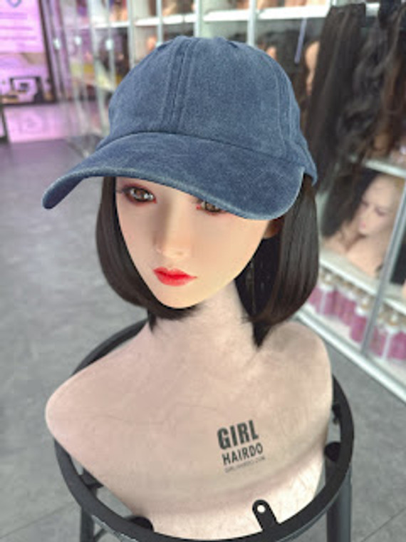 Natural everyday look hat with black hair attachedCAP HAIR